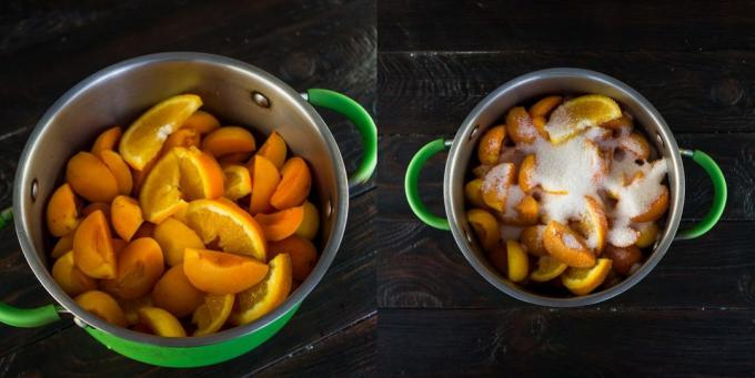 Blocaj de la caise și portocale: fructe, se toarnă zahăr