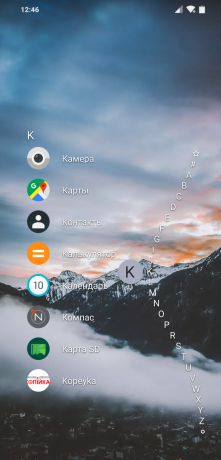 Lansatorul pentru Android Niagara Lansatorul: alfabet poate fi afișat pe val dreapta