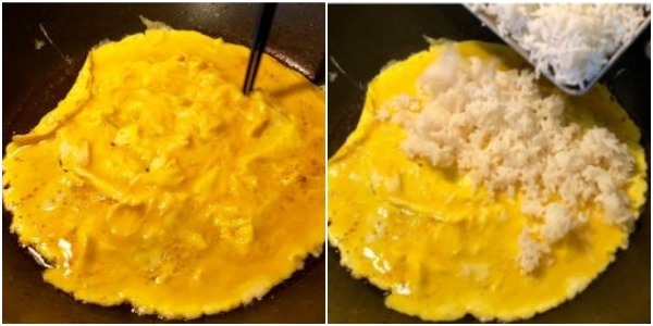 Cum de a găti orez prăjit cu ou: Fry ouăle și se adaugă orezul