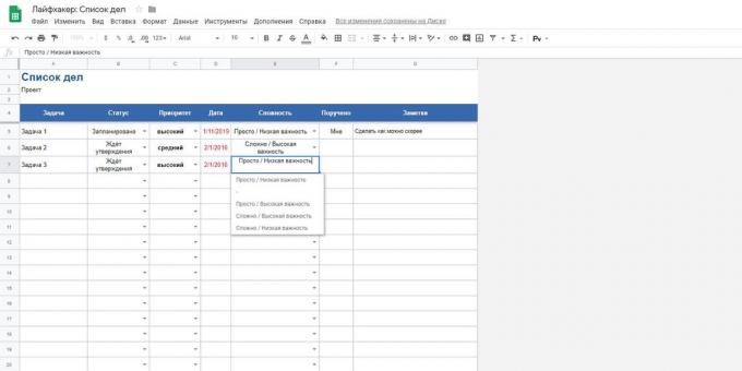 «Google Spreadsheets»: șablon "în lista de Do"