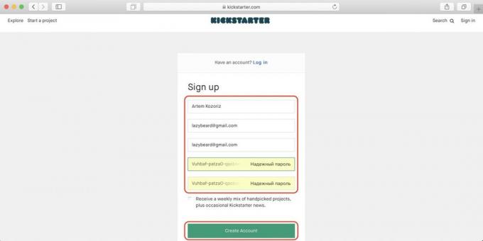 Cum de a cumpăra de pe Kickstarter: introduceți un nume, e-mail și parola, apoi faceți clic pe butonul verde