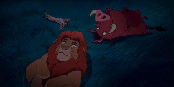 Desen animat „The Lion King“: Simba, Timon și Pumbaa sunt sub cerul de noapte și să se gândească la natura stele