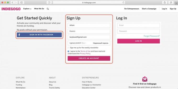 Cum de a cumpăra de pe Indiegogo: introduceți numele, e-mail și parola, sau semnul cu Facebook
