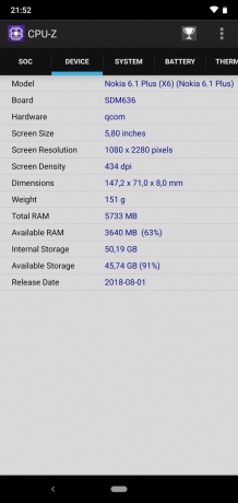 Revizuirea Nokia 6.1 Plus: CPU-Z (continuare)