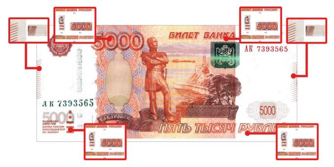 caracteristici de autenticitate, care sunt vizibile la atingere, la 5000 de ruble: bani falși