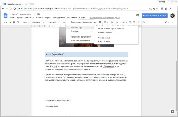 Documente Google add-on: Nota de subsol Stil