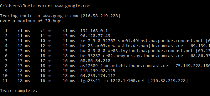 Consola de comandă promptă: tracert