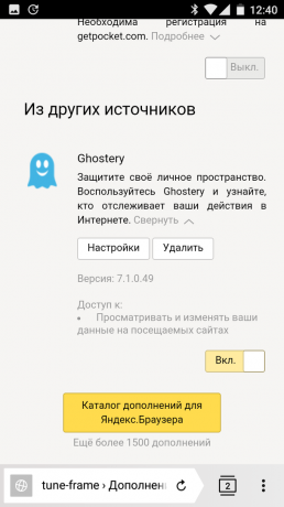 Yandex. Opțiuni de addon Browser