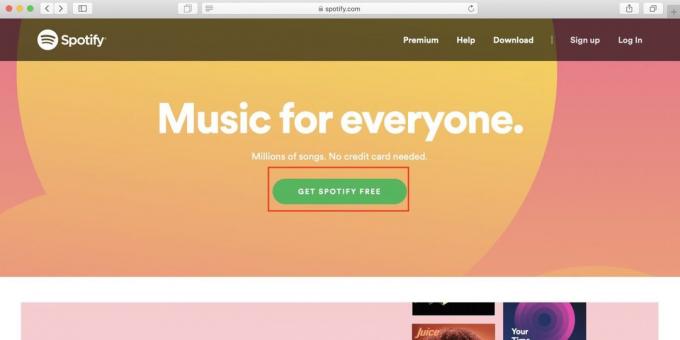 Cum să utilizați Spotify în Rusia: site-ul deschis Spotify și faceți clic pe butonul Spotify obțineți gratuit