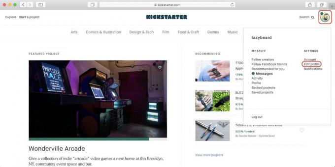 Cum de a cumpăra de pe Kickstarter: faceți clic pe pictograma profil și apoi - pe link-ul Editare profil