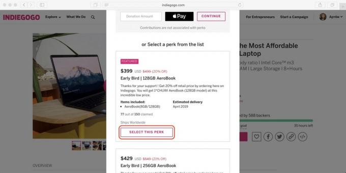 Cum de a cumpăra de pe Indiegogo: selectați opțiunea de livrare preferată și faceți clic pe Selectați această perk