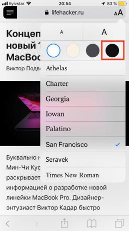 Modul închis în Safari pe iPhone: Selectați tema întunecată