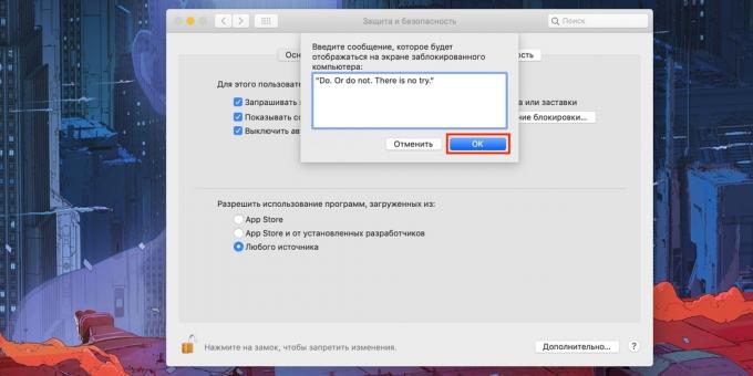 Mesajele de pe ecranul de blocare Mac: Introduceți textul dorit și confirmați cu „OK“