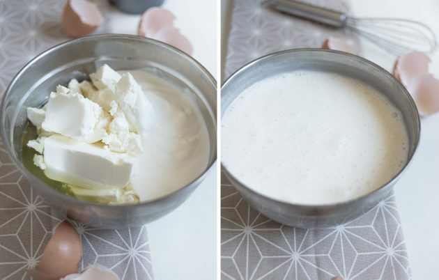 Caserola de proteine ​​cu caș cu iaurt: Se amestecă brânza, iaurtul, îndulcitorul și proteinele