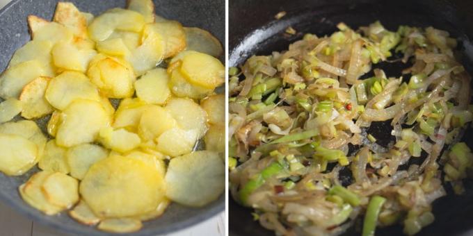 omletă de cartofi: Fry ceapă și cartofi