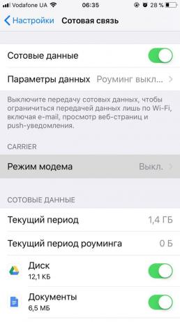 Cum de a distribui internetul de pe telefon la iOS: activa „modul de modem“, prin intermediul unui comutator