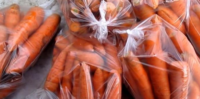 Cum se păstrează morcovi în saci: morcovi pus în pungi de plastic și cravată-le în mod corespunzător