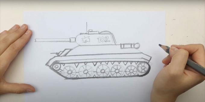 Cum să desenezi un tanc: desenează o pistă și o mitralieră 