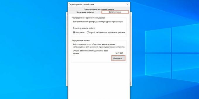 Cum se personalizează fișierul de paginare Windows 10: faceți clic pe butonul „Schimbați ...”