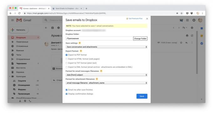 Modalitati de a descărca fișiere Dropbox: copiați întreaga scrisoare de Salvați email-uri la Dropbox