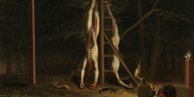 Corpurile lui Jan și Cornelis pe spânzurătoare. Pictură de Jan de Baen