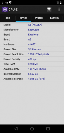 Elephone A5: CPU-Z (dispozitiv)