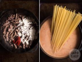 Ce să gătească pentru cină în fiecare zi: Stroganoff de vită cu paste într-un castron