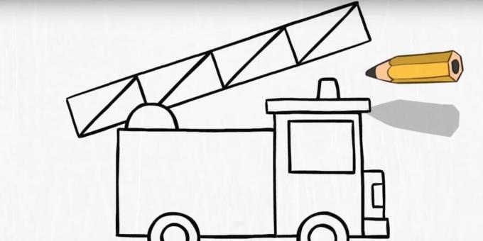 Cum să desenați un camion de pompieri: adăugați o scară și un far