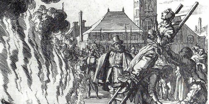Inchiziția în Evul Mediu: „Arderea secolului al XVI-lea anabaptist olandez Anneken Hendrix, acuzat de erezie”, gravură de Jan Leuken