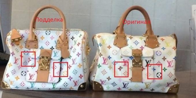 saci de original și fals Louis Vuitton, notați locația imaginii