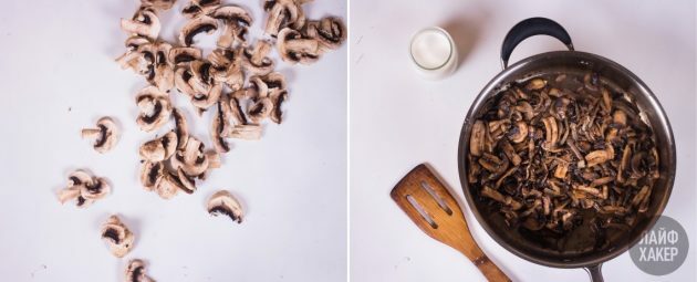 Rulada pentru clatite: sotati ciupercile, ceapa si usturoiul