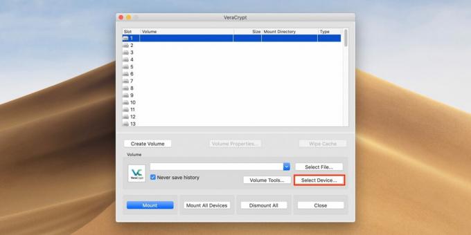Cum să introduceți o parolă pe o unitate flash USB: deschideți VeraCrypt și faceți clic pe Selectare dispozitiv