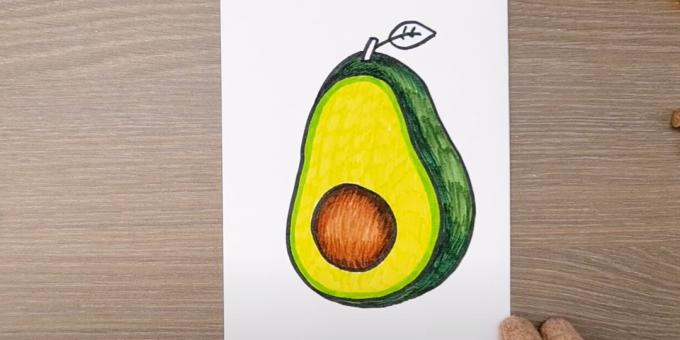 Cum să desenați un avocado: vopsiți peste groapă și partea laterală a fructului