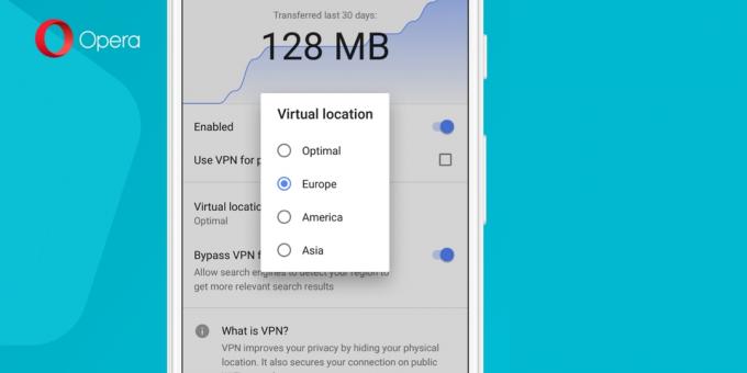 Built-in VPN pentru Android-dispozitive cu Opera beta: selecție regiune