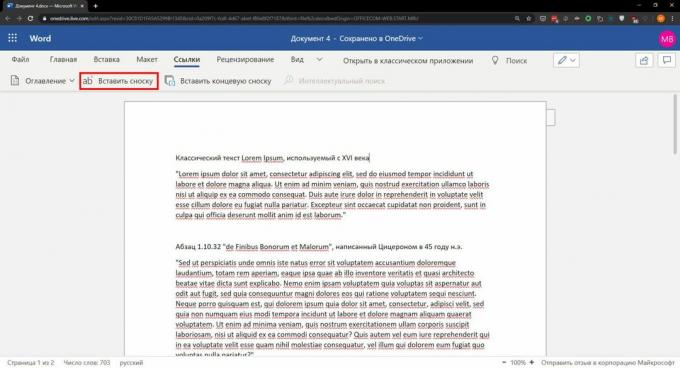 Cum se introduce o notă de subsol în Word: selectați în meniul de sus „Link-uri” → „Inserați nota de subsol”