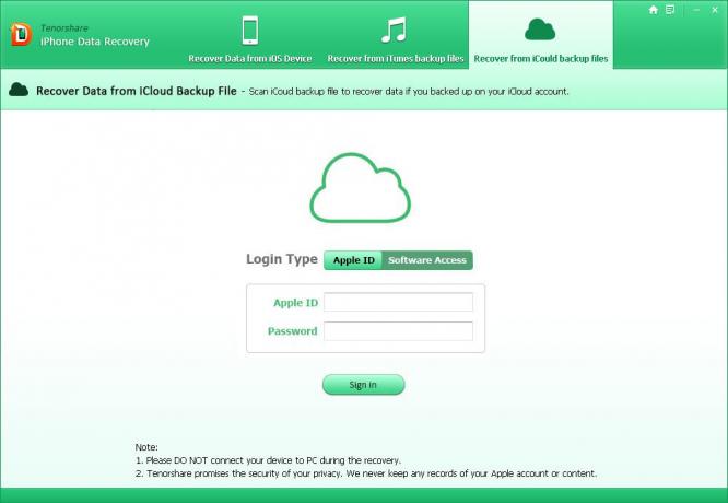 Tenorshare iPhone de recuperare de date: autentificare folosind contul icloud