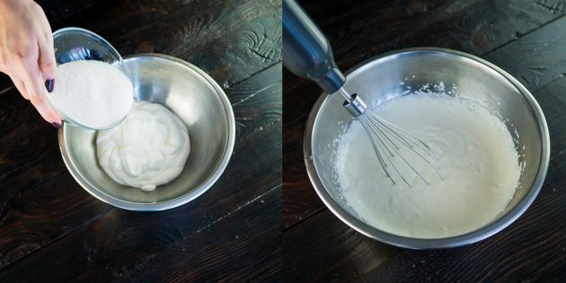 „Medovik” clasic cu smântână: amestecați smântâna și zahărul într-un castron adânc