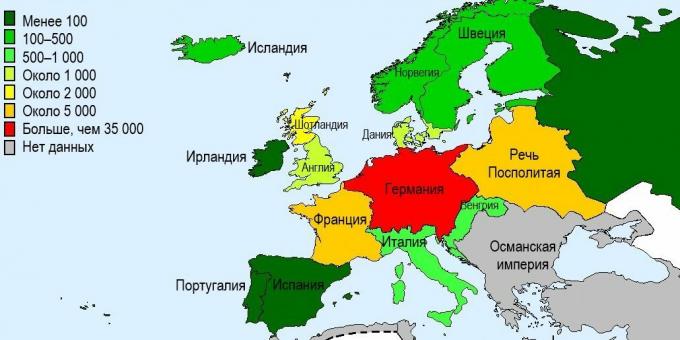 Numărul de vrăjitoare ucise în țările europene în secolele XV - XVII.