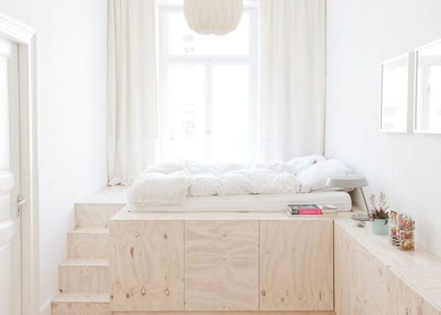 dormitor îngust: spațiu de depozitare sub pat